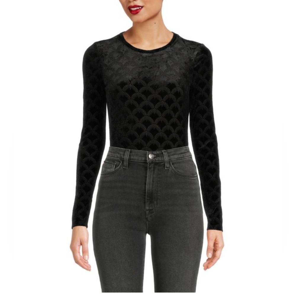BCBGMAXAZRIA Womens Black Textured Velvet Bodysuit NWT S Small